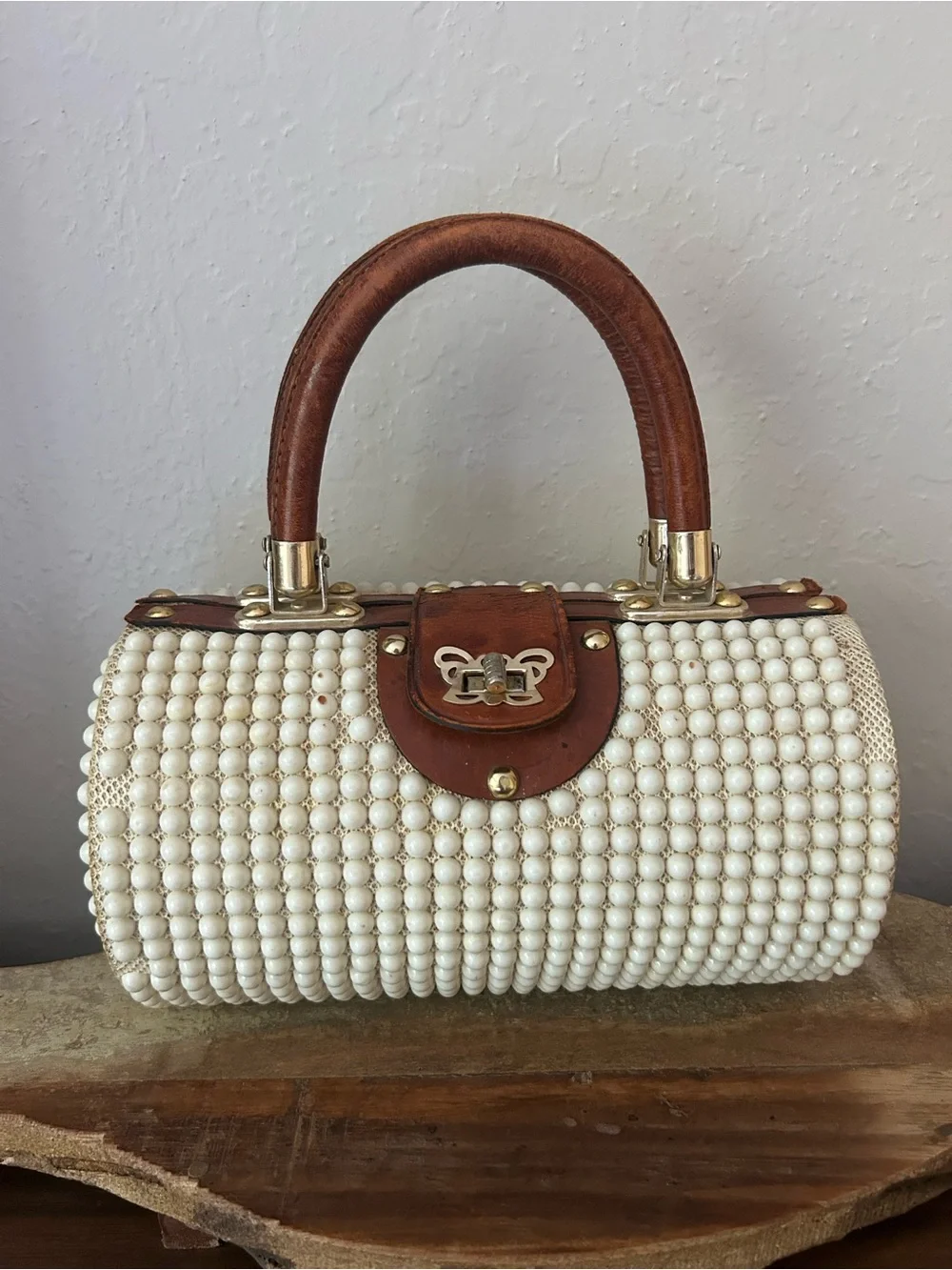Vintage Beaded Pearl Cylinder Handbag with Brown Leather Handle: 1960s - Picture 2 of 11